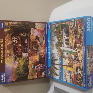2 White Mountain Puzzles Beach Adventure & Parkside Coffee Store 1000  Complete